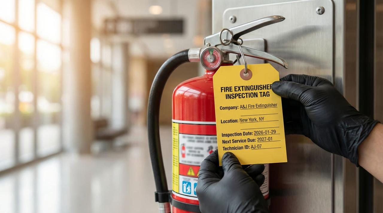 A&J Fire Extinguisher technician installing and tagging a fire extinguisher in Brooklyn, NY office