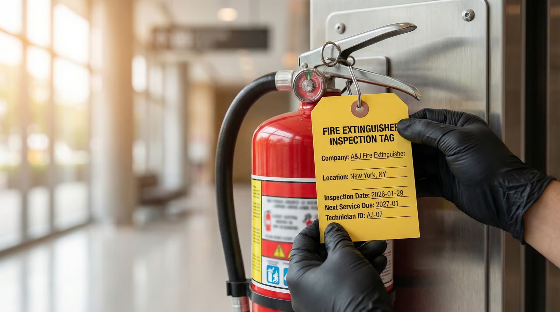 A&J Fire Extinguisher inspection tag on ABC dry chemical fire extinguisher in New York, NY commercial building