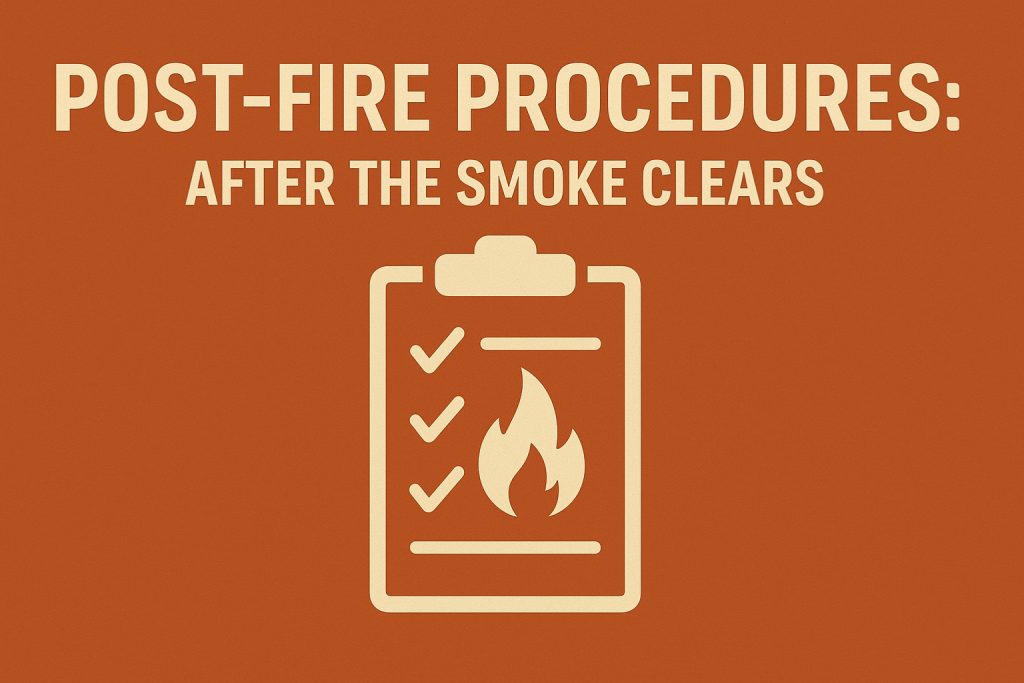 Post-fire procedures graphic showing a checklist clipboard with fire icon, illustrating steps to take after a fire is extinguished.