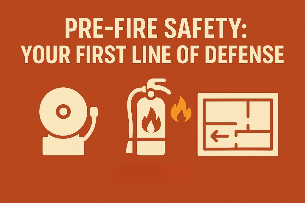 Pre-fire safety graphic showing alarm bell, fire extinguisher icon, and escape route plan for emergency