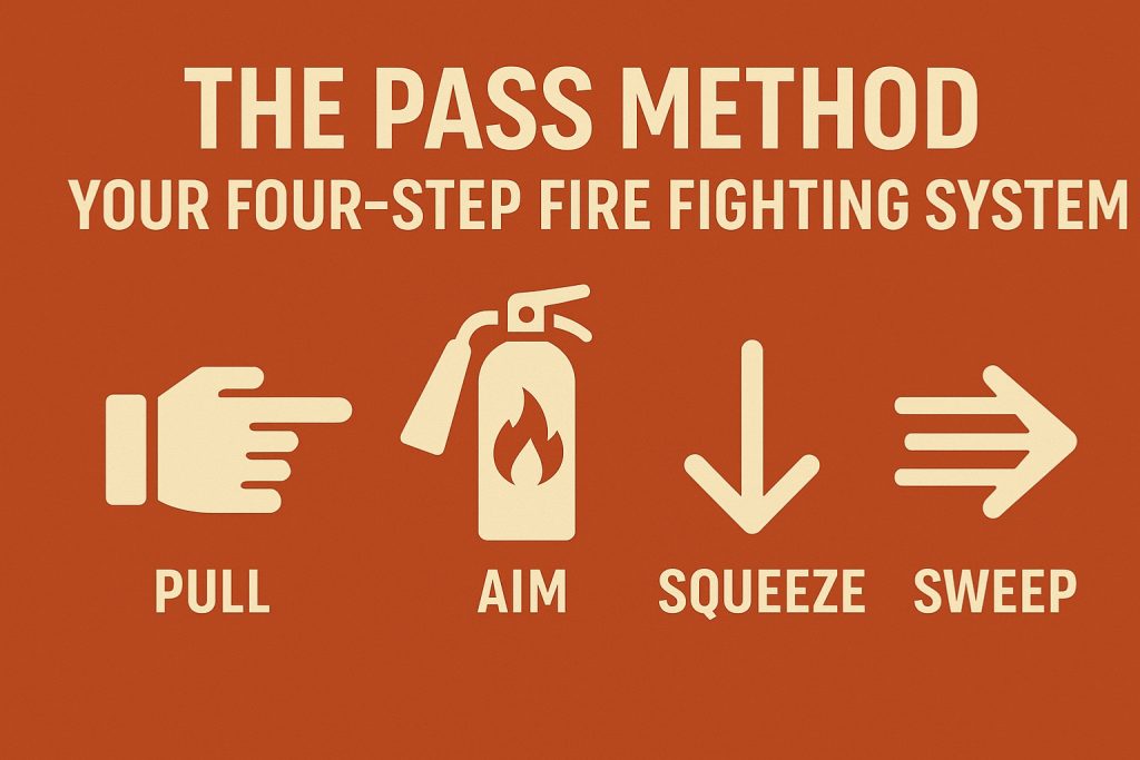 Graphic illustrating the PASS method steps Pull, Aim, Squeeze, Sweep with icons for proper fire extinguisher use.