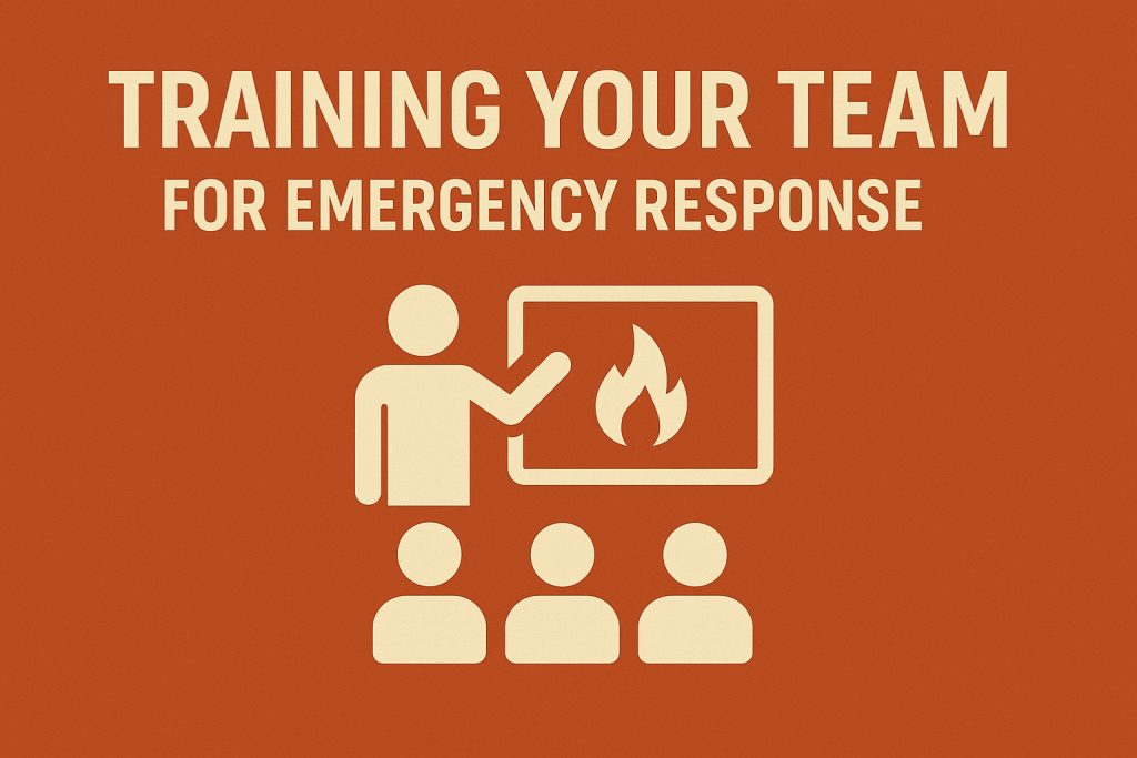 Fire safety training graphic showing instructor teaching a team about emergency response with a flame icon on a presentation board.