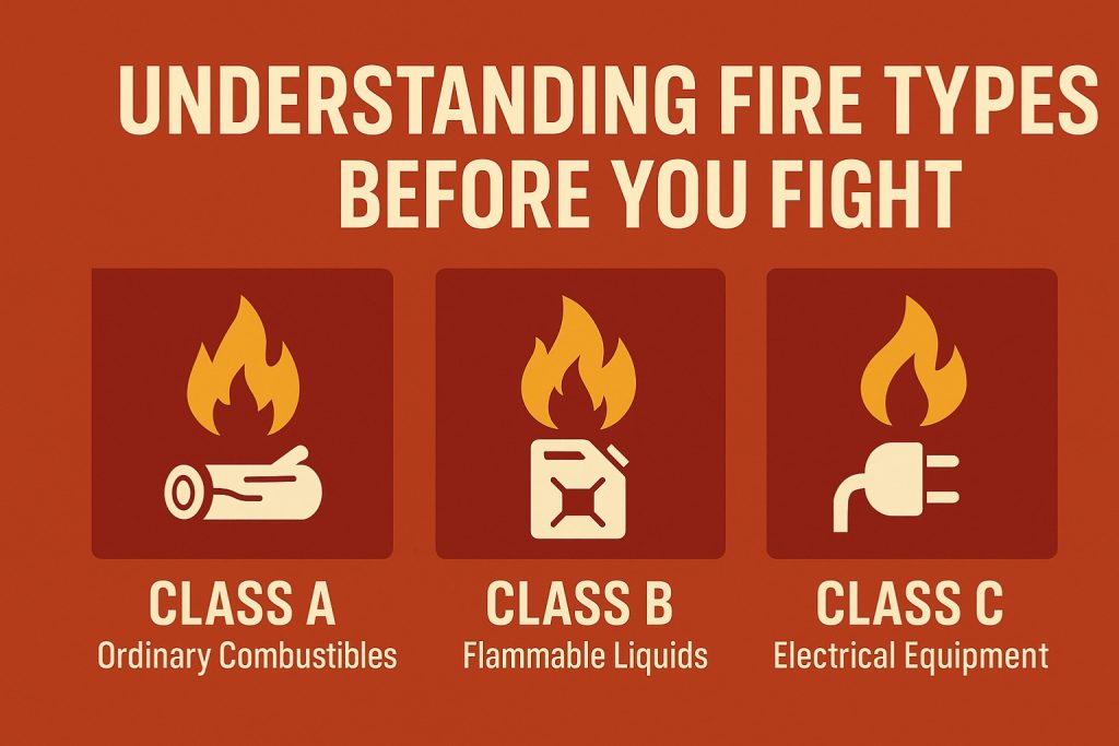 Illustration showing Class A, B, and C fire types with icons for combustibles, flammable liquids, and electrical fires.