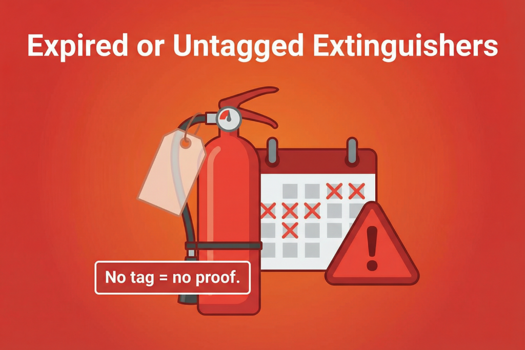 Expired or untagged fire extinguisher graphic showing missing inspection tag as a common fire safety compliance failure for businesses.
