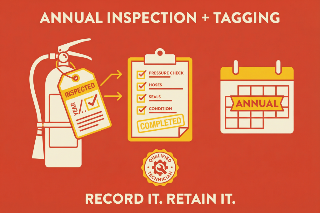 Annual fire extinguisher inspection and tagging process showing pressure checks, hoses, seals, condition review, completed inspection checklist, and yearly compliance record retention by qualified technicians.
