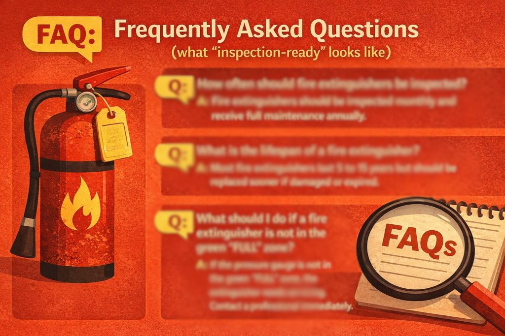 Fire extinguisher FAQ graphic covering inspection frequency, lifespan, and what to do if the pressure gauge is not in the green.