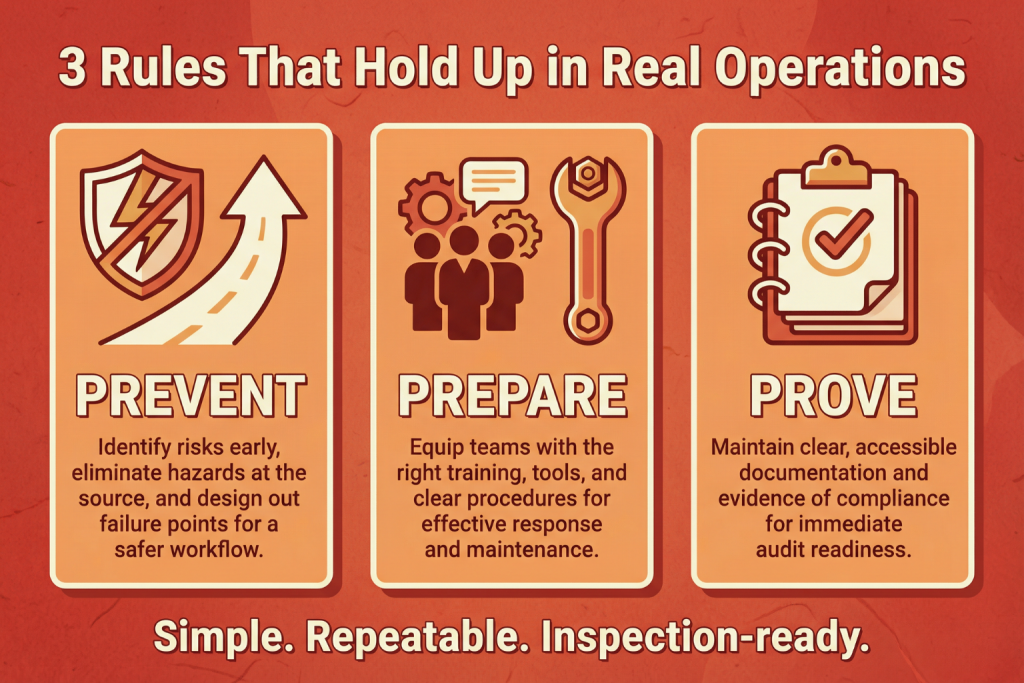 Three fire safety compliance rules graphic showing Prevent, Prepare, and Prove as a practical framework businesses use to stay inspection-ready and audit compliant.