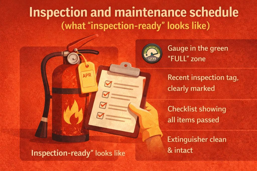 Graphic showing an inspection-ready fire extinguisher with full pressure gauge, recent inspection tag, and completed checklist.