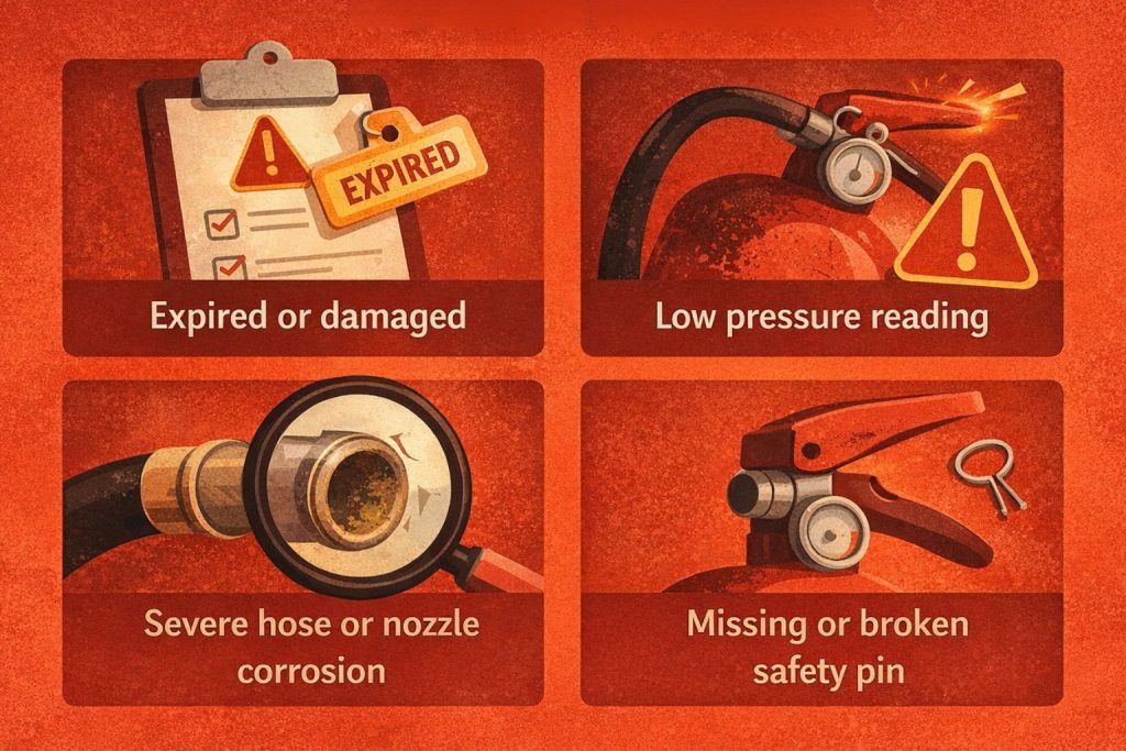 Infographic showing four replacement signs: expired/damaged unit, low pressure gauge, corrosion, and missing safety pin.