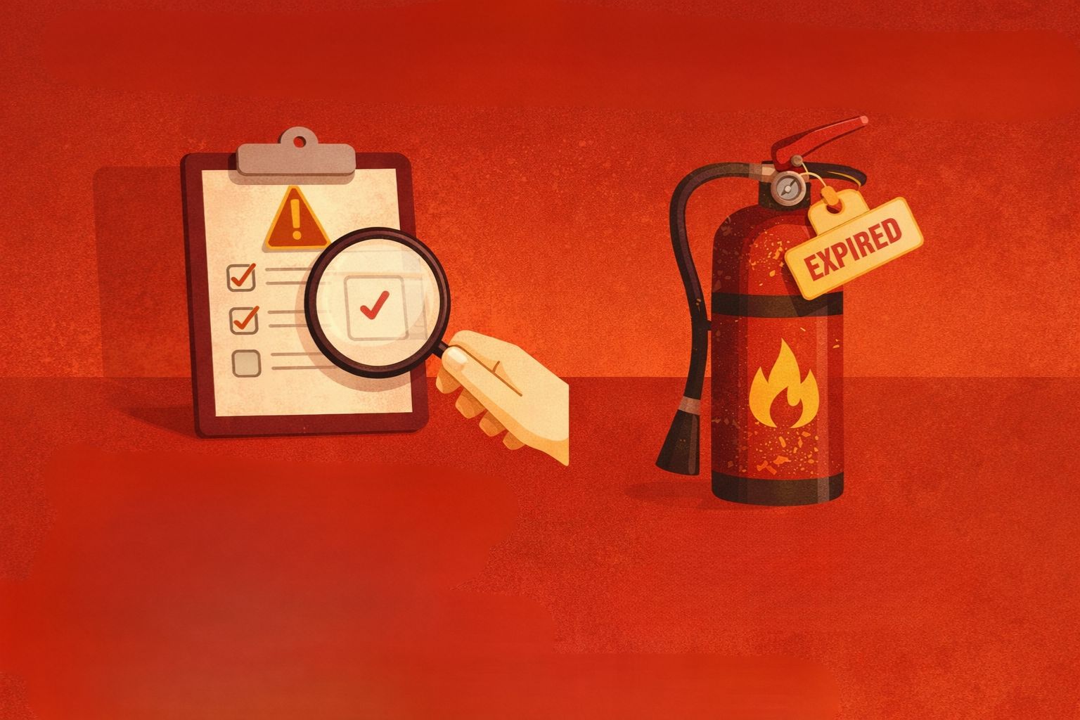 Graphic showing fire extinguisher inspection checklist and an expired tag, emphasizing why inspections and replacements matter.
