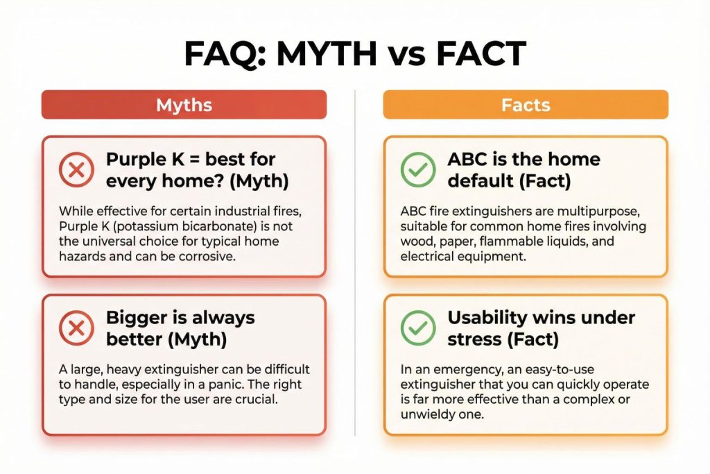 Fire Extinguisher FAQ: Myth vs Fact for Homeowners (ABC vs Purple K, Size & Usability)