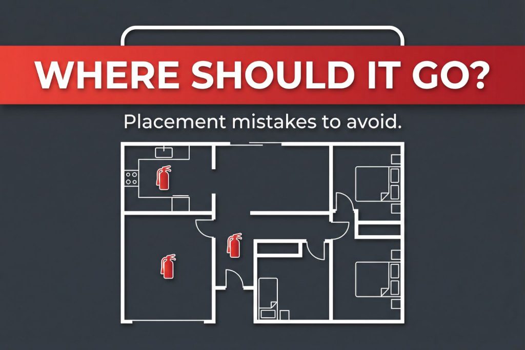 Fire extinguisher placement guide with a home floor plan and “Where should it go?” safety reminder.