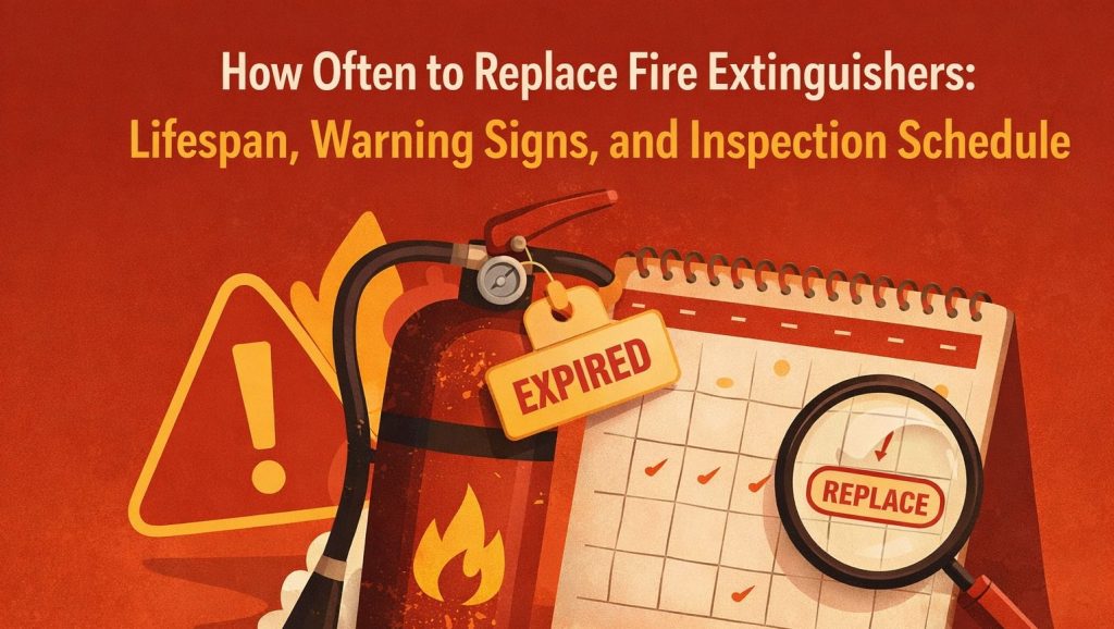 Illustration showing an expired fire extinguisher with a calendar and inspection checklist, explaining how often fire extinguishers should be replaced and inspected for code compliance.