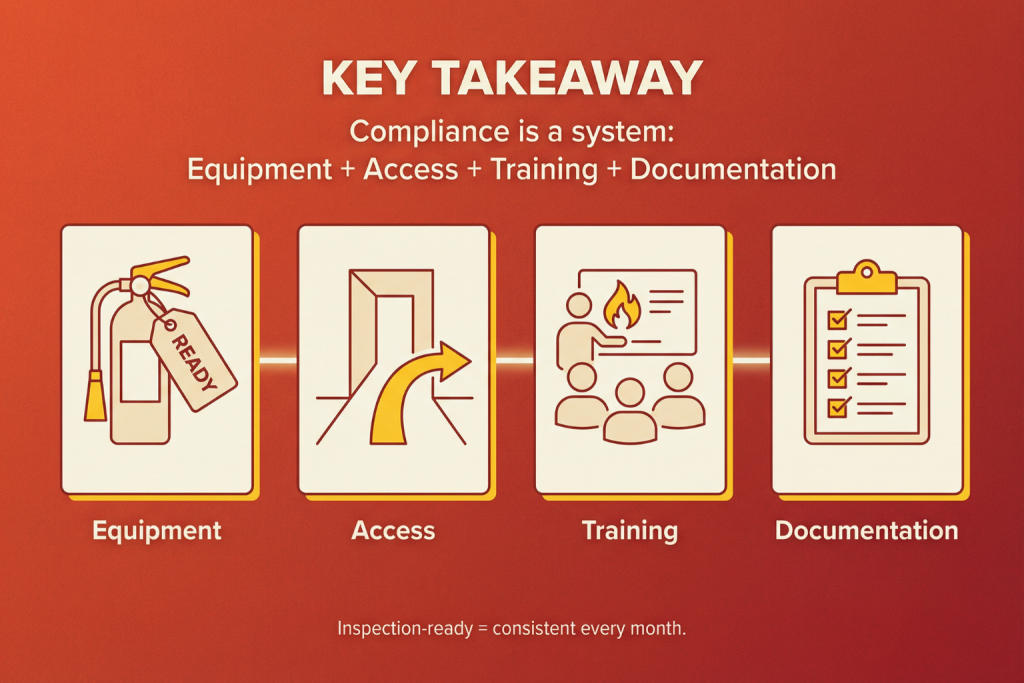 Key takeaway graphic showing fire safety compliance as a system: equipment readiness, clear access/egress, employee training, and documentation for inspections.