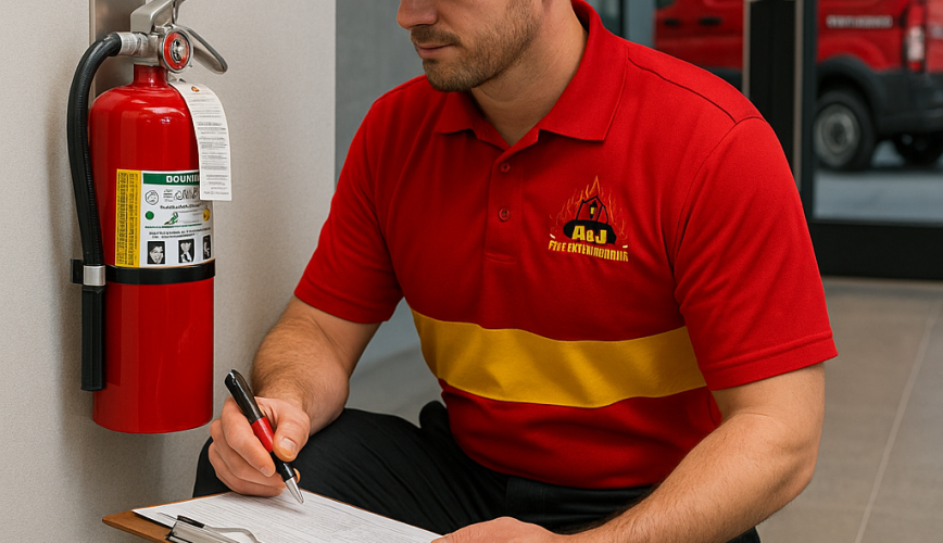 Professional A&J Fire Extinguisher technician in branded red and yellow uniform kneeling next to a wall-mounted fire extinguisher in a modern NYC office building lobby.