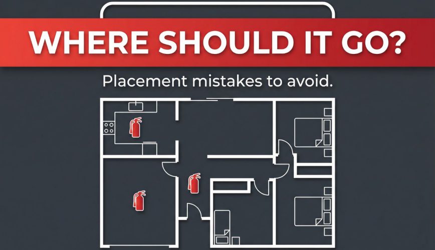 Fire extinguisher placement guide with a home floor plan and “Where should it go?” safety reminder.
