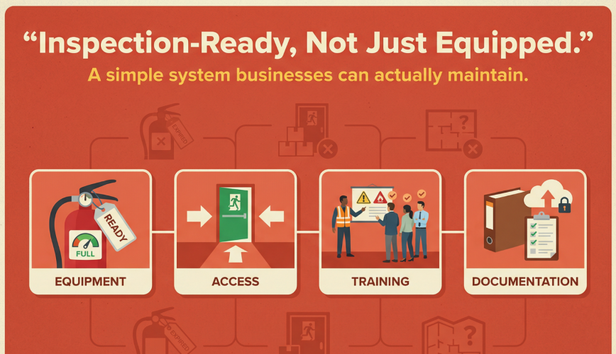 Fire safety compliance system showing inspection-ready equipment, clear exit access, employee training, and documented fire safety records for businesses