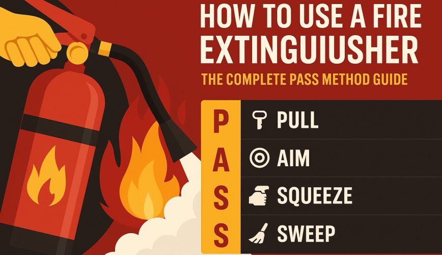 Featured image showing how to use a fire extinguisher with PASS steps—Pull, Aim, Squeeze, Sweep—illustrated beside active flames.